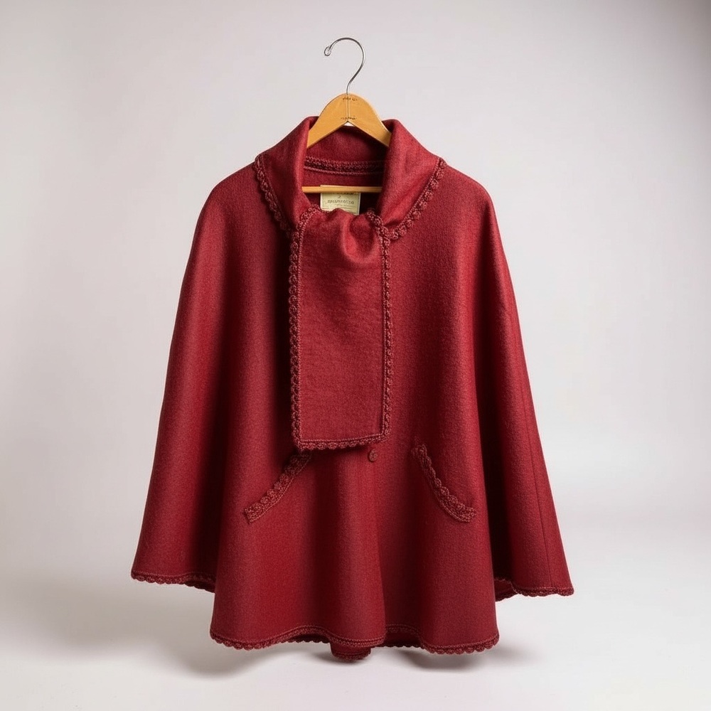 Gorgeous Burgundy Finely Woven Alpaca Cape with Crocheted Details